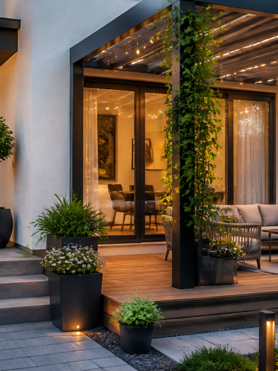 Aménagement terrasse devant maison éclairée avec pergola, plantes suspendues et salon