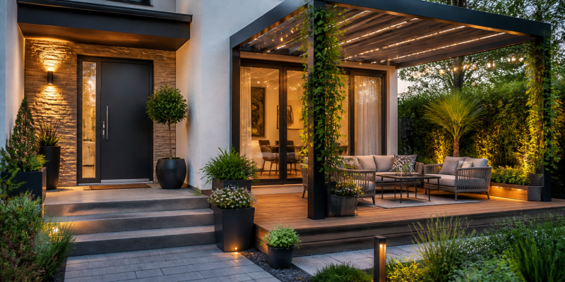 Aménagement terrasse devant maison éclairée avec pergola, plantes suspendues et salon