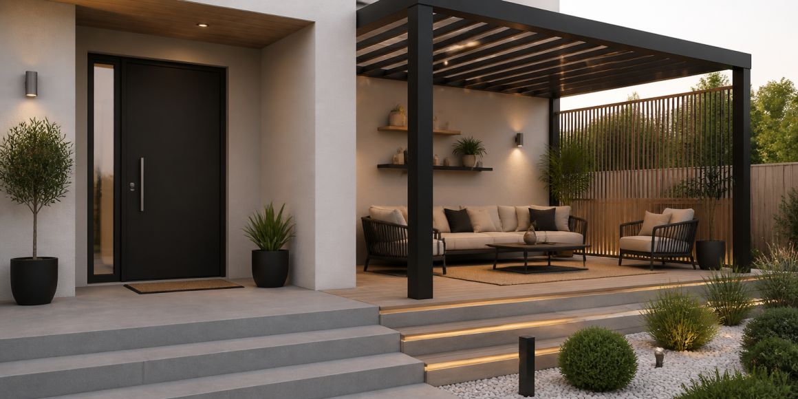Aménagement terrasse devant maison avec pergola, salon, éclairage chaleureux et plantes