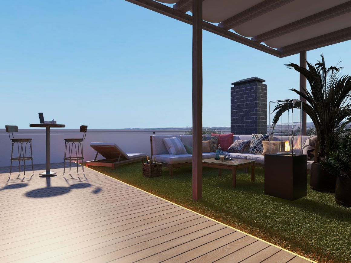 Aménagement terrasse sur toit avec coin lounge, chilienne, pergola, plantes, tapis gazon et cheminée