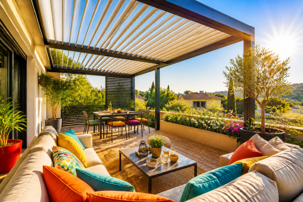 Terrasse ensoleillée : pergola, coin repas, salon avec coussins colorés, plantes avec vue verdoyante