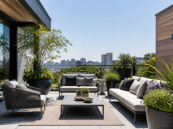 Aménagement d'une terrasse avec grandes jardinières, canapé, fauteuils, table basse et tapis
