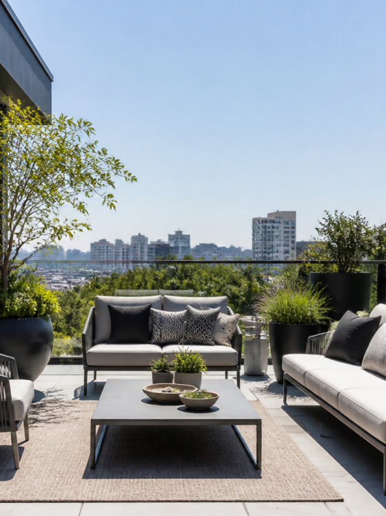 Aménagement d'une terrasse avec grandes jardinières, canapé, fauteuils, table basse et tapis