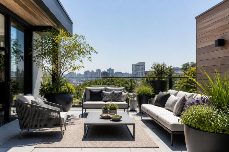 Aménagement d'une terrasse avec grandes jardinières, canapé, fauteuils, table basse et tapis