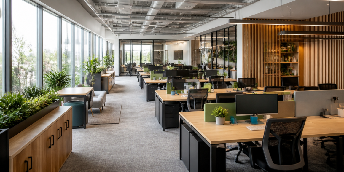 Open-space avec bureaux en bois, éléments de rangement, plantes et grandes baies vitrées