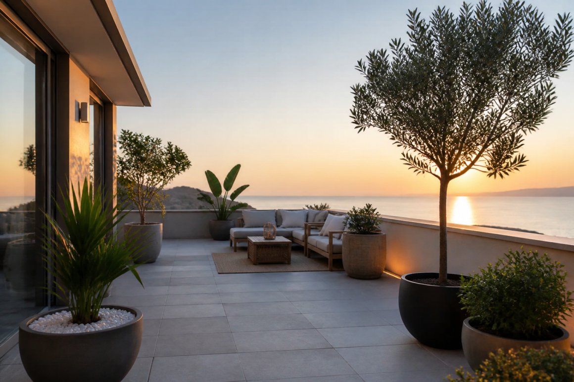 Terrasse élégante au coucher de soleil incluant un coin salon et des grandes jardinières