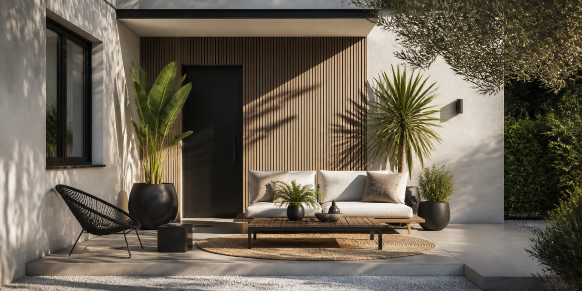 Terrasse minimaliste aménagée avec meubles en bois, fauteuil noir et plantes en grands pots