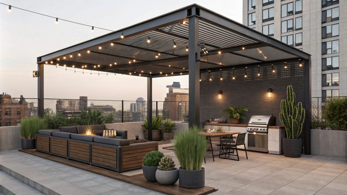 Pergola moderne sur toit-terrasse : coin repas et barbecue, salon encastré, éclairage guirlande, plantes