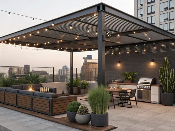 Pergola moderne sur toit-terrasse : coin repas et barbecue, salon encastré, éclairage guirlande, plantes