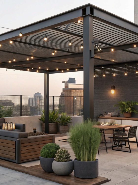 Pergola moderne sur toit-terrasse : coin repas et barbecue, salon encastré, éclairage guirlande, plantes