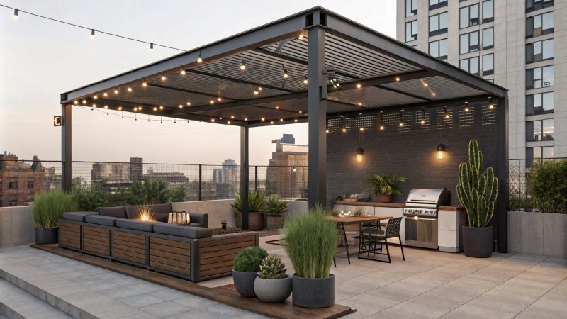 Pergola moderne sur toit-terrasse : coin repas et barbecue, salon encastré, éclairage guirlande, plantes