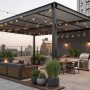 Pergola moderne sur toit-terrasse : coin repas et barbecue, salon encastré, éclairage guirlande, plantes