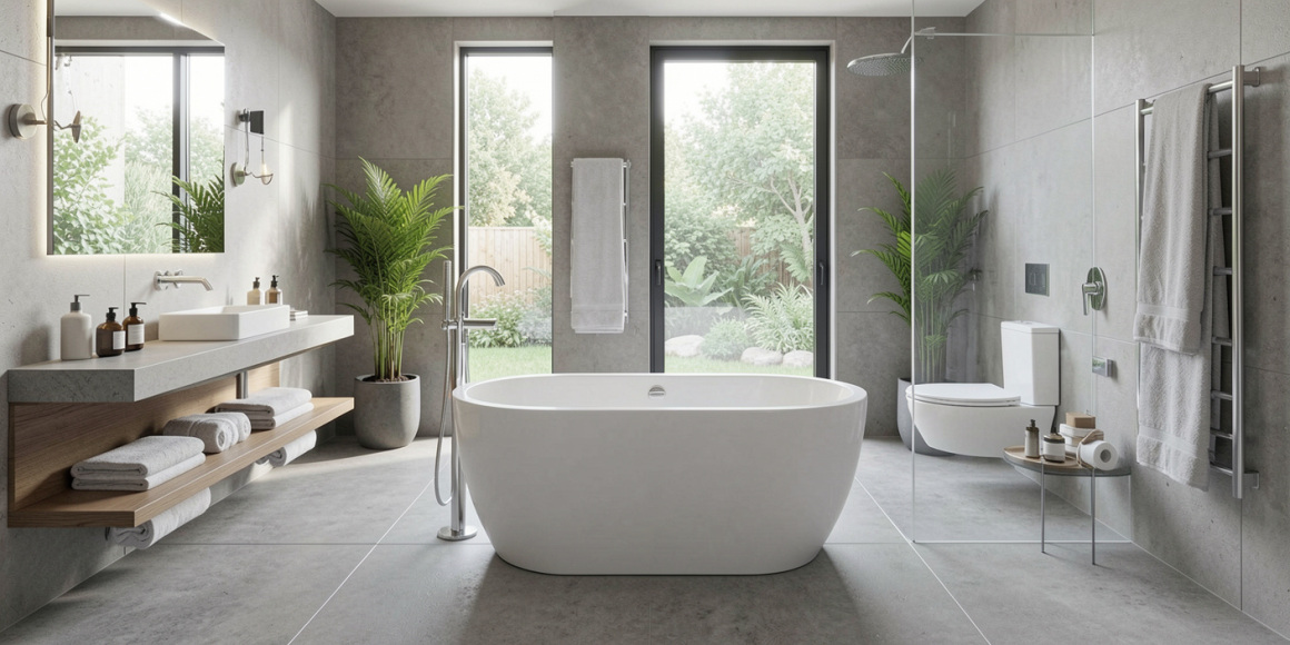 Baignoire centrale avec douche vitrée, double vasque, plantes dans une salle de bains aux tons gris
