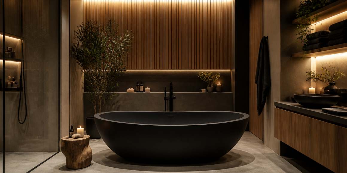 Baignoire îlot noire avec carrelage béton, douche vitrée, éclairage chaud, bougies et plantes