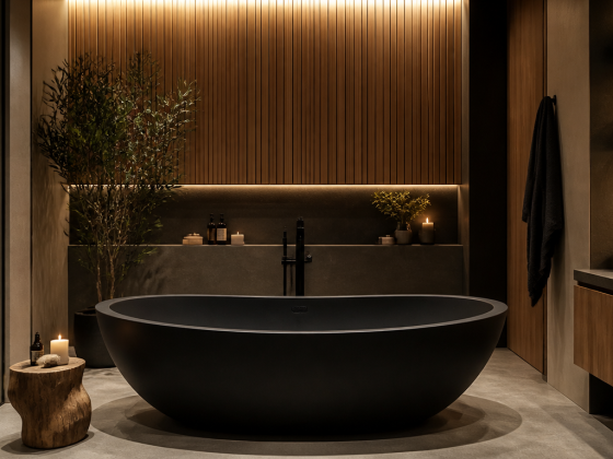 Baignoire îlot noire avec carrelage béton, douche vitrée, éclairage chaud, bougies et plantes