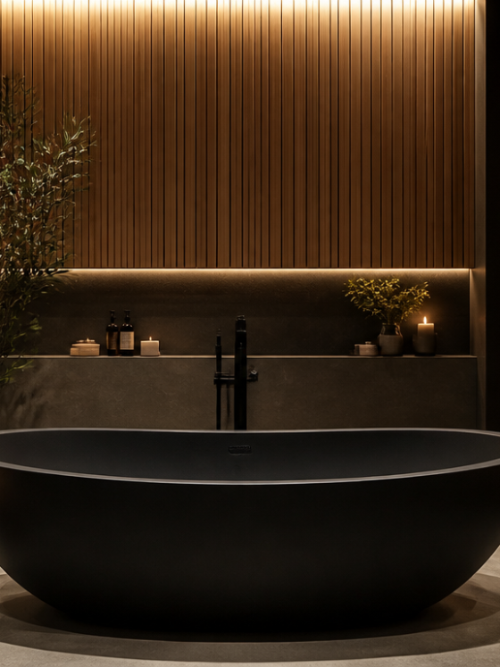 Baignoire îlot noire avec carrelage béton, douche vitrée, éclairage chaud, bougies et plantes