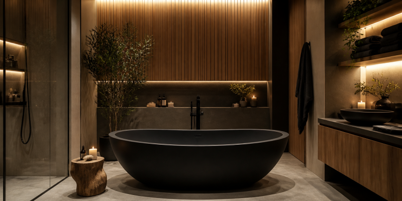 Baignoire îlot noire avec carrelage béton, douche vitrée, éclairage chaud, bougies et plantes