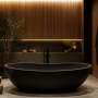 Baignoire îlot noire avec carrelage béton, douche vitrée, éclairage chaud, bougies et plantes