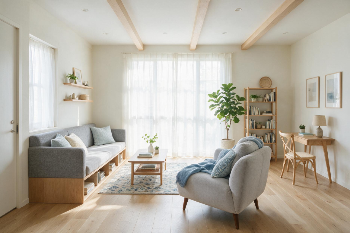 Salon scandinave aménagé avec petit bureau en bois, étagères ouvertes et canapé avec rangements