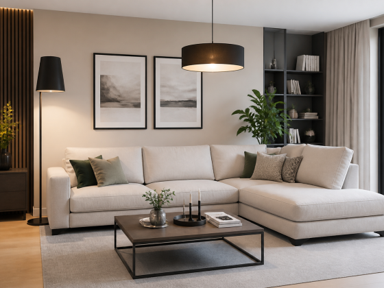 Canapé d'angle beige avec table basse noire, plantes, lampes et cadres muraux sobres
