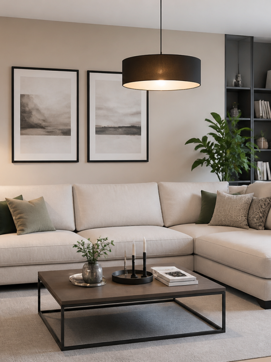 Canapé d'angle beige avec table basse noire, plantes, lampes et cadres muraux sobres