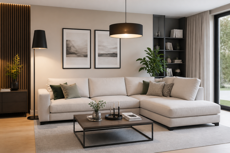 Canapé d'angle beige avec table basse noire, plantes, lampes et cadres muraux sobres
