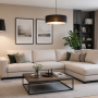 Canapé d'angle beige avec table basse noire, plantes, lampes et cadres muraux sobres