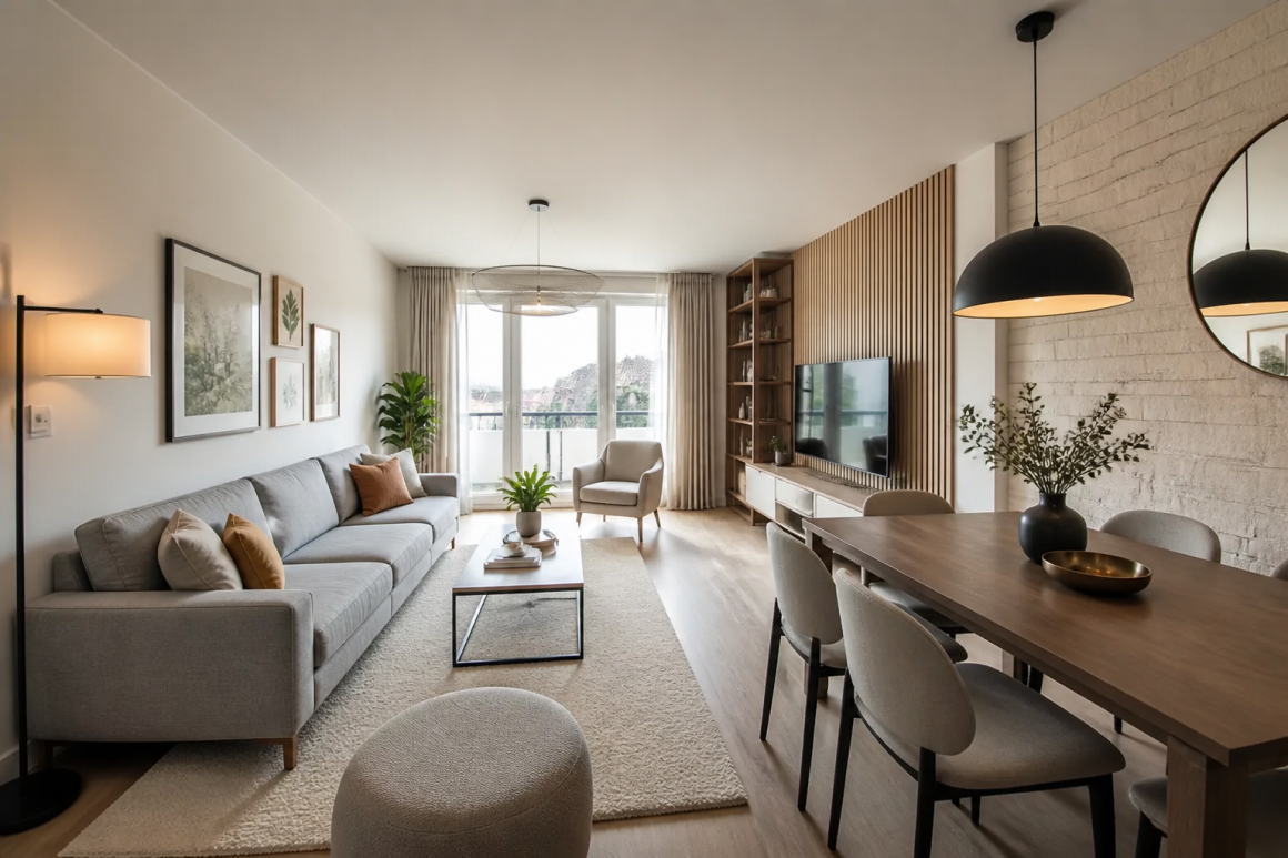 Pièce de vie au style scandinave incluant canapé gris, table à manger, suspensions et plantes