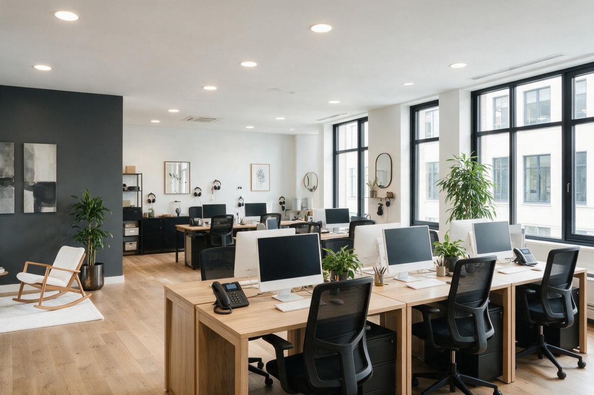 Espace de travail ouvert incluant grandes fenêtres, bureaux en bois, chaises ergonomiques et plantes