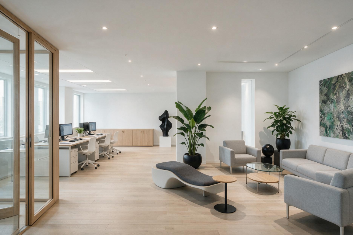 Espace bureau minimaliste incluant postes de travail, plantes et coin détente