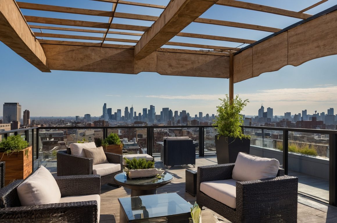 Terrasse urbaine élégante sur toit incluant mobilier en rotin, pergola en bois et plantes