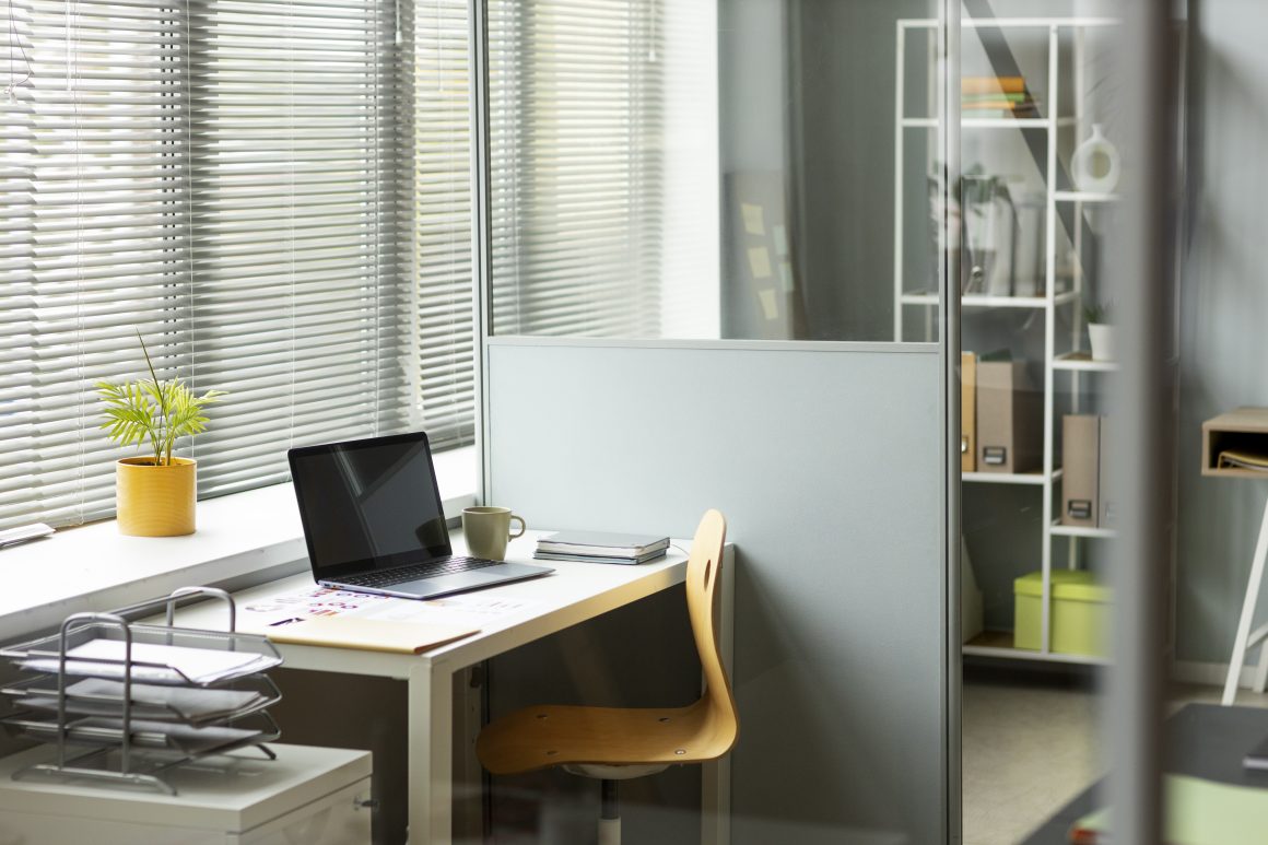 Bureau lumineux : poste de travail près d'une fenêtre, ordinateur portable, plante et étagère organisée