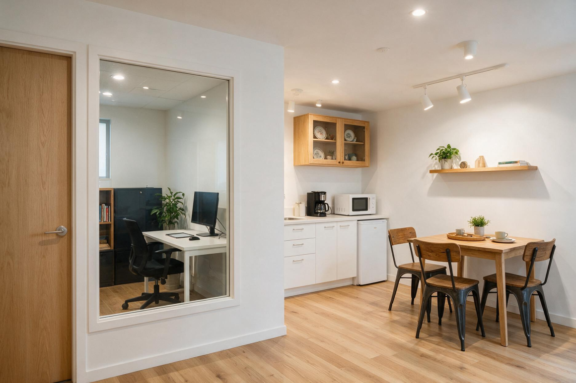 coin bureau vitré avec kitchenette incluant table, chaises et étagères en bois