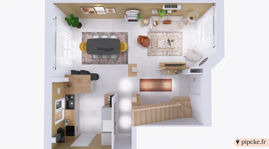 Plan 3D d'un rez-de-chaussée incluant escalier, cuisine, salle à manger et salon