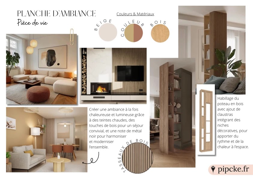 Planche ambiance pièce de vie : tons beige et bois, salon moderne, tasseaux muraux et claustras