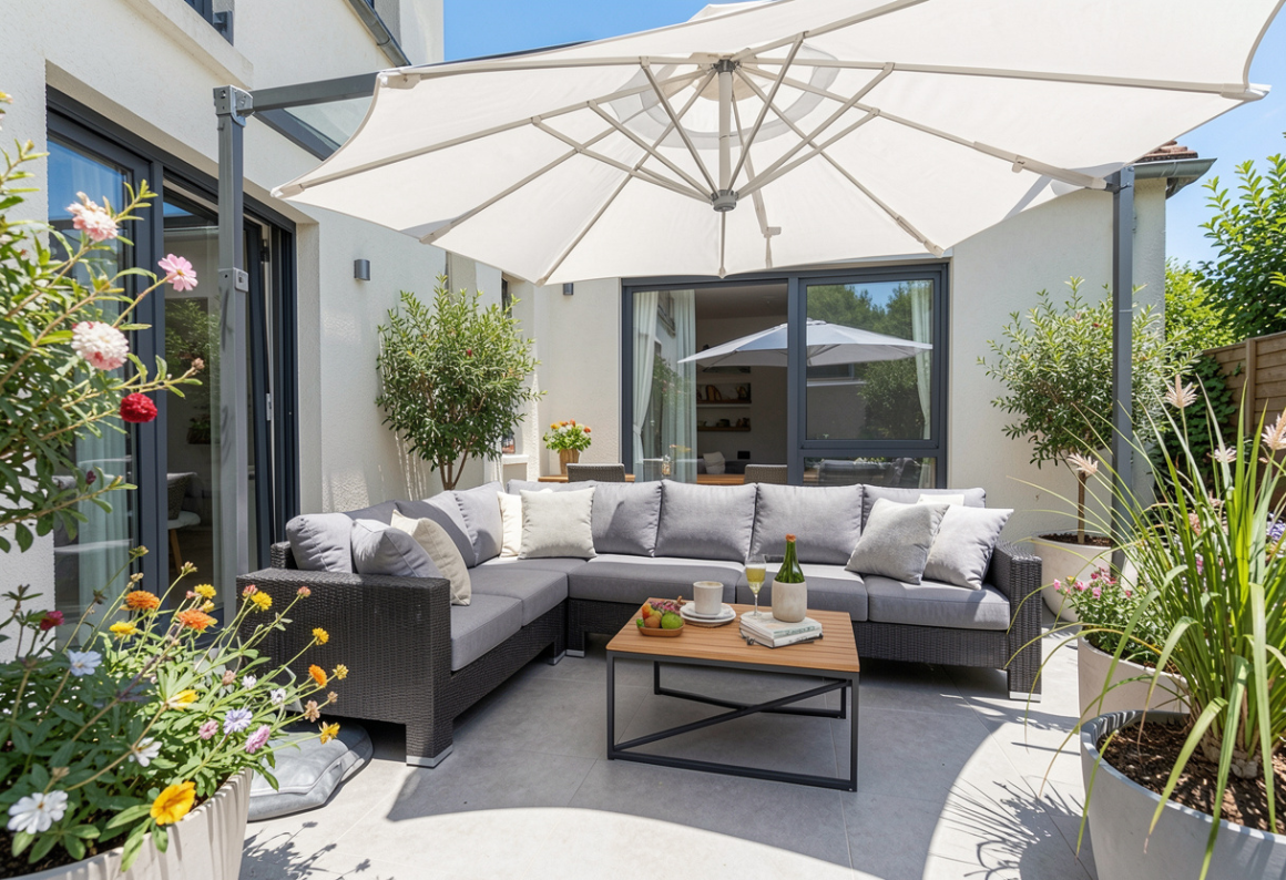 Aménagement terrasse 30m2 moderne avec canapé d'angle, parasol, table basse en bois et plantes