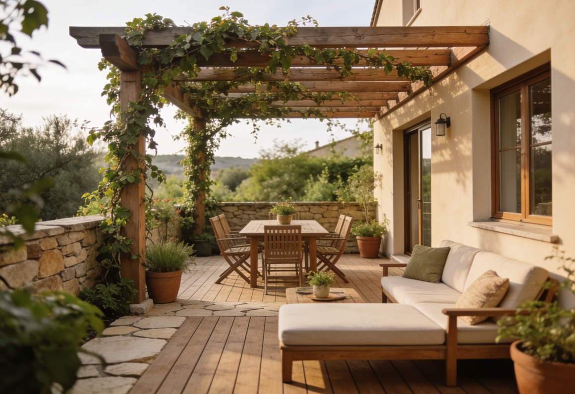 Aménagement terrasse 30m2 avec pergola en bois , coin repas en bois, salon et pots de plantes