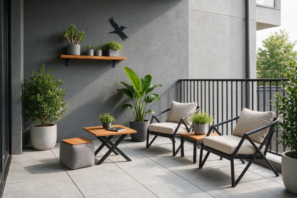 Terrasse moderne aménagée avec plantes en pot et meubles en bois