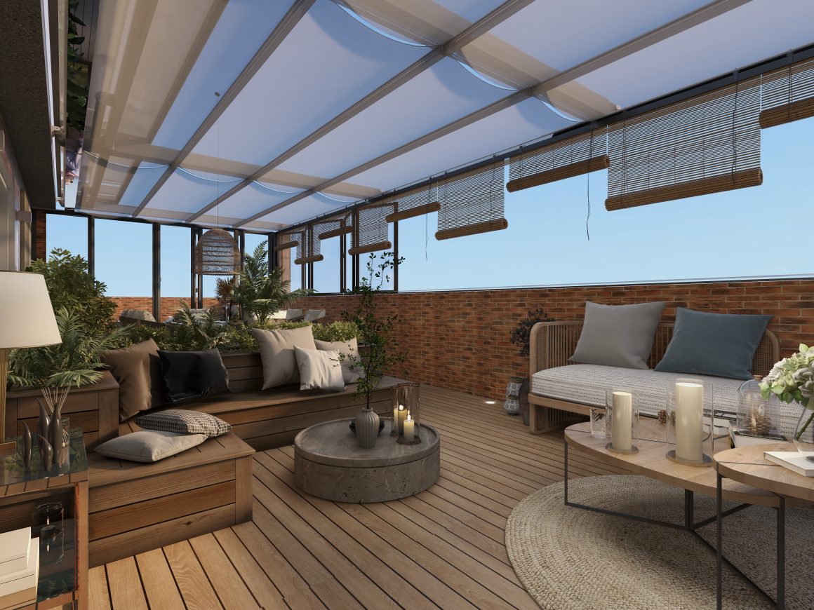 Terrasse en bois couverte avec murs en brique, stores enroulables, mobilier en bois et plantes