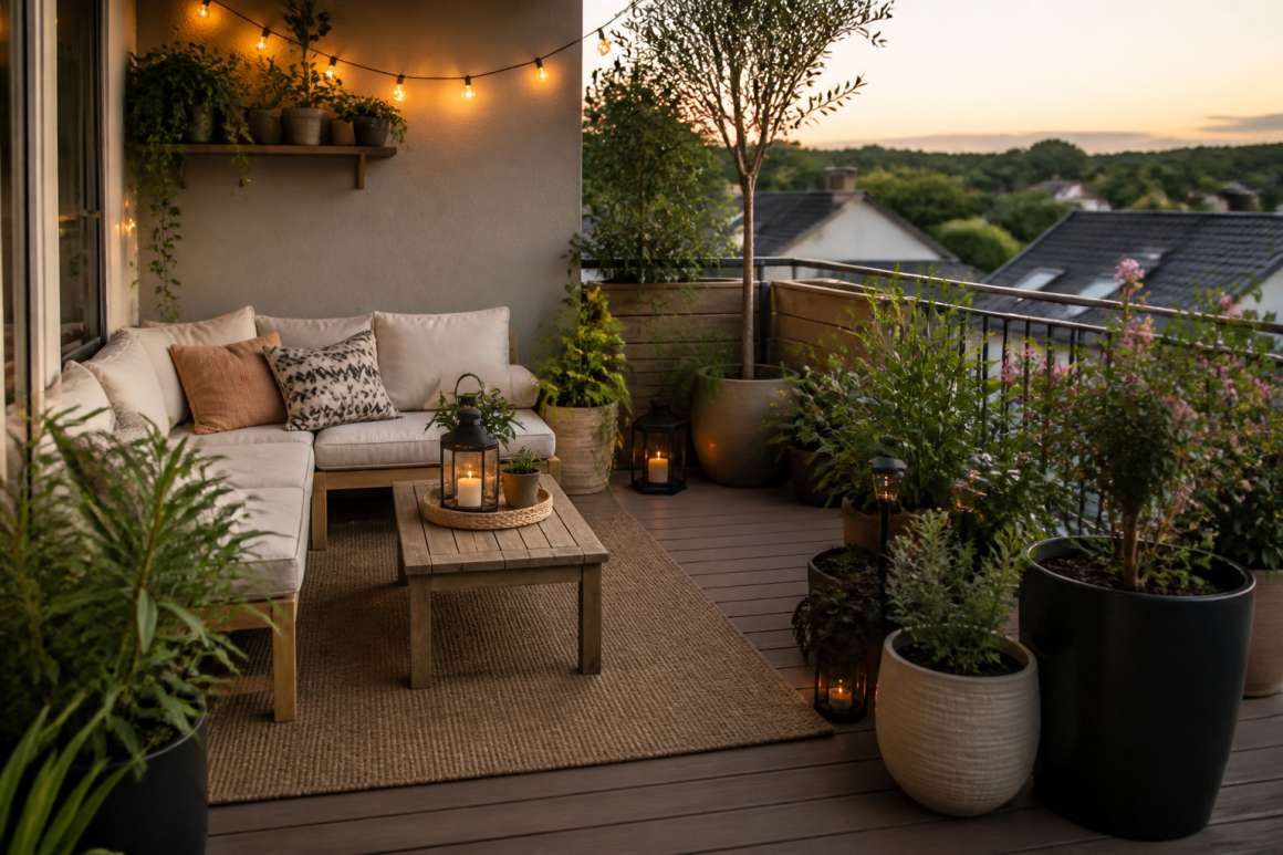 Terrasse incluant des pots variés, canapé, lanternes, guirlande lumineuse et table basse en bois