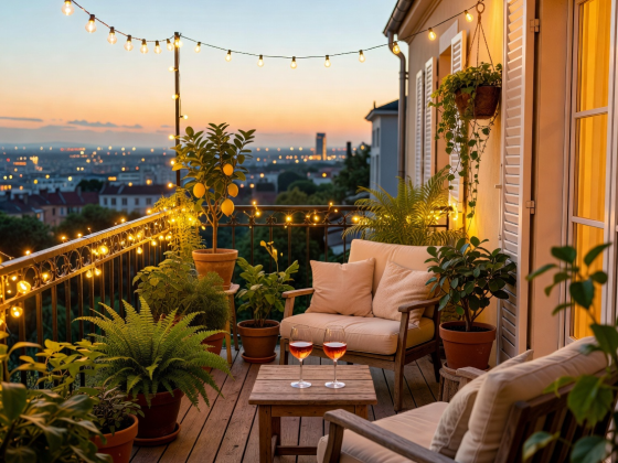 Déco terrasse appartement incluant guirlandes lumineuses, plantes en pot et fauteuils