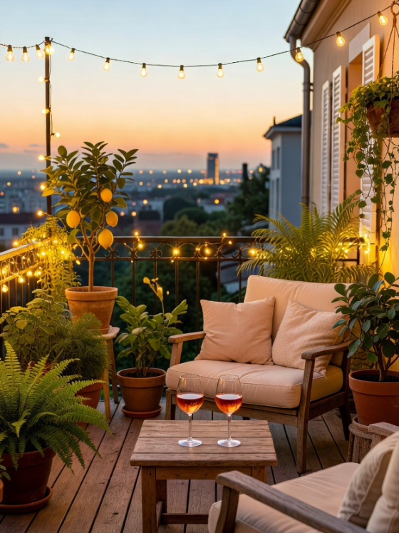 Déco terrasse appartement incluant guirlandes lumineuses, plantes en pot et fauteuils