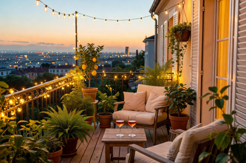 Déco terrasse appartement incluant guirlandes lumineuses, plantes en pot et fauteuils