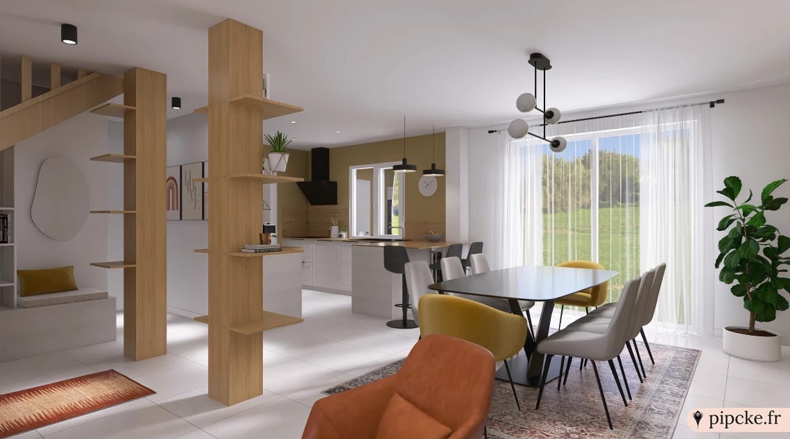 Cuisine ouvert sur un grand salon aux tons chauds, grande table, plantes et grandes baies vitrées
