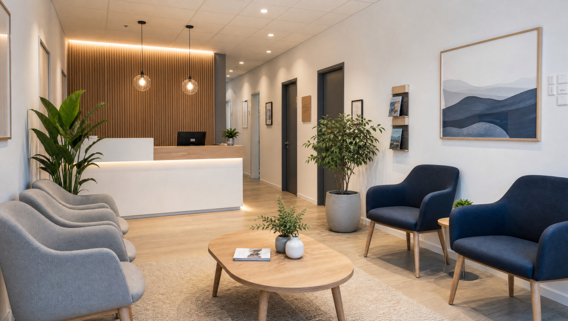 Salle d'attente d'un cabinet dentaire avec fauteuils, comptoir d'accueil, plantes, luminaires suspendus et table basse en bois