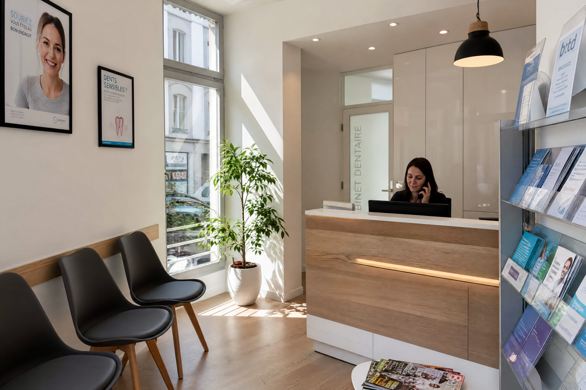 Salle d'attente de cabinet dentaire : réceptionniste au comptoir, chaises, brochures et plante
