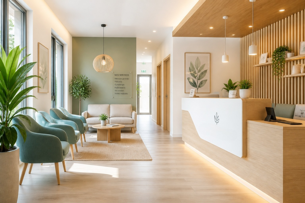 Aménagement cabinet médical avec mobilier en bois, fauteuils, éclairage suspendu et plantes