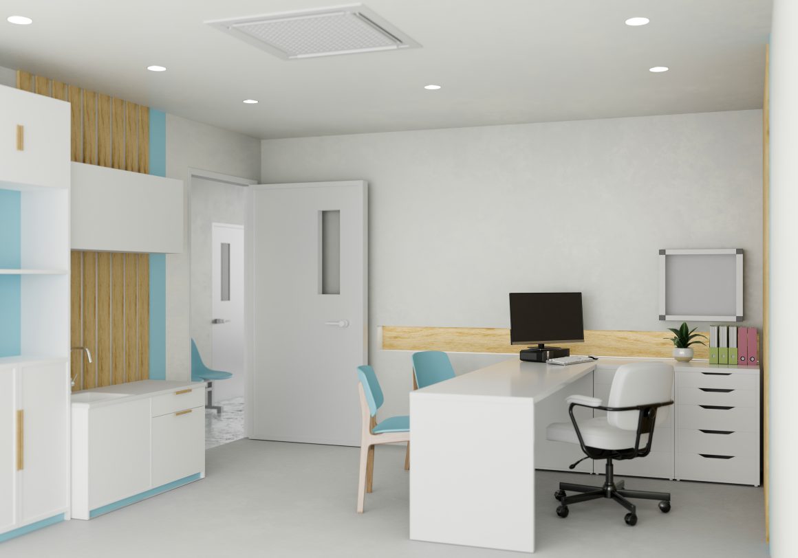 Bureau médical moderne aménagé avec mobilier blanc et bleu
