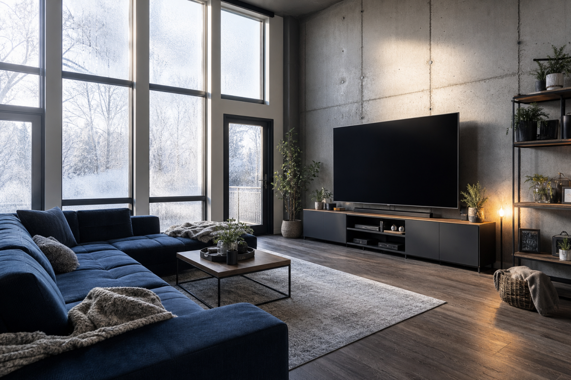 Salon moderne aménagé avec canapé d'angle bleu, table basse et coin TV incluant meuble bas avec rangements