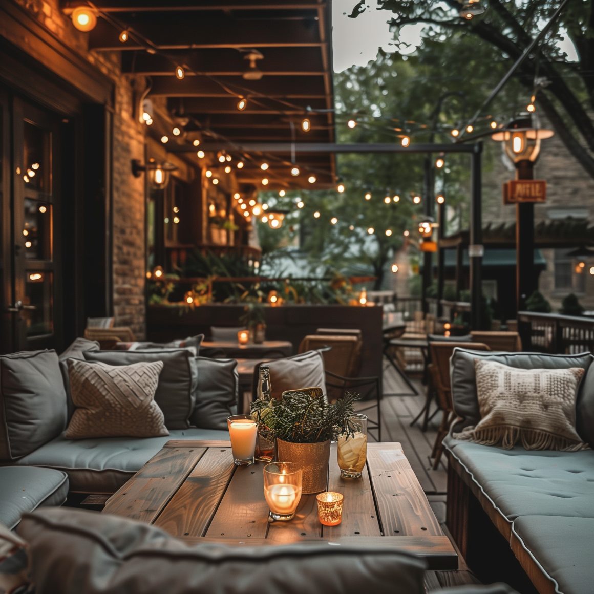 Terrasse d'un café cosy éclairée par guirlandes et aménagée par tables en bois, canapés et chaises